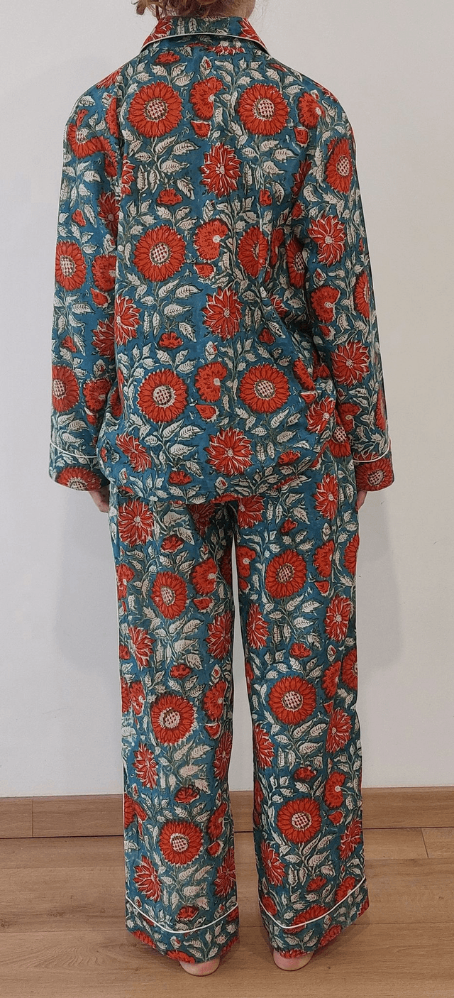 Pyjama femme en coton léger imprimé à la main – Ensemble boutonné deux pièces - orange et bleu canard