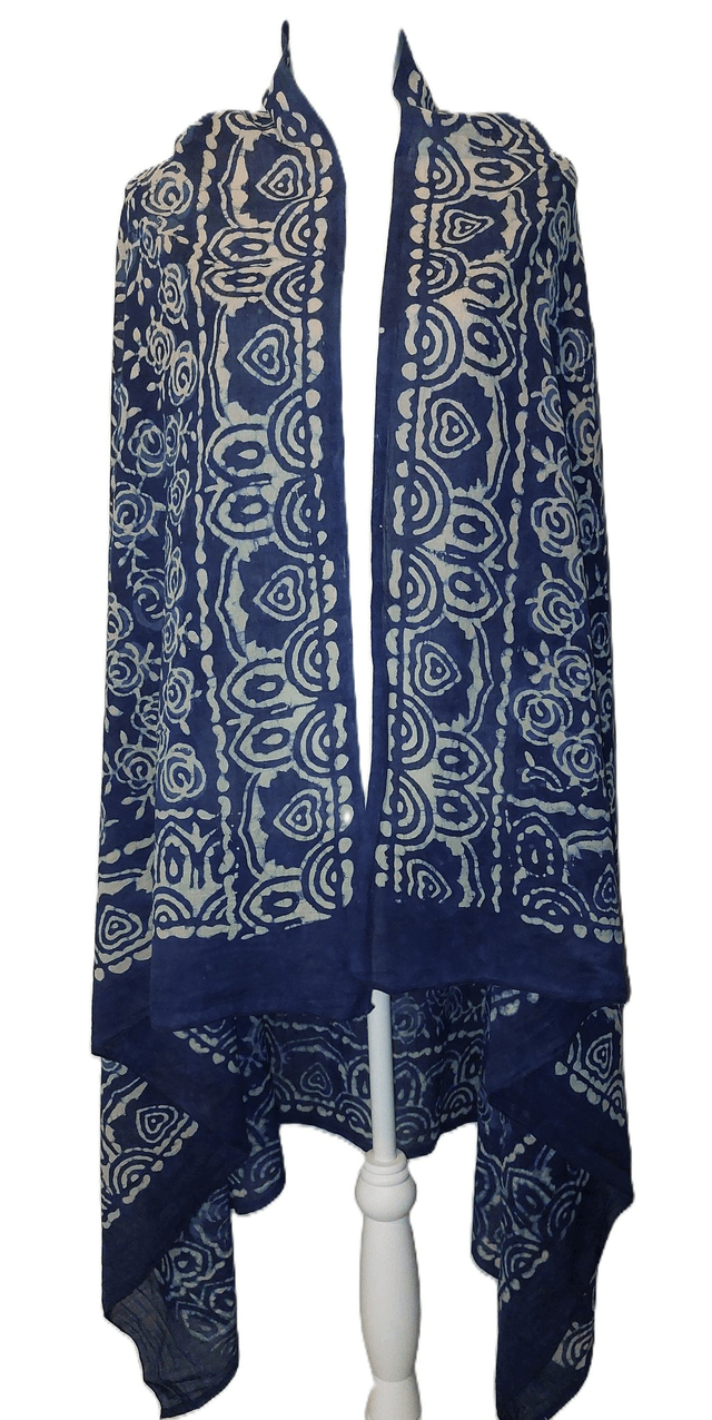 Paréo de plage en coton voile indien imprimé à la main – Motif roses - Bleu et blanc - Teinture naturelle indigo – Étole & châle bohème  