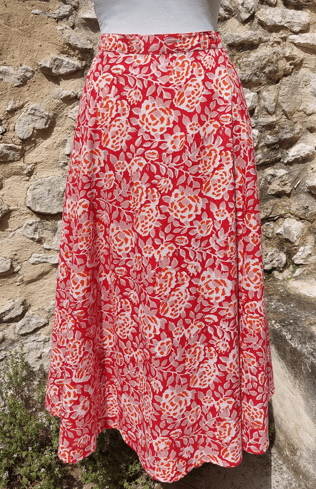 Robe/Jupe 3-en-1 d'été florale rouge en coton voile léger imprimé à la main – Robe polyvalente bohème plage, casual ou élégant