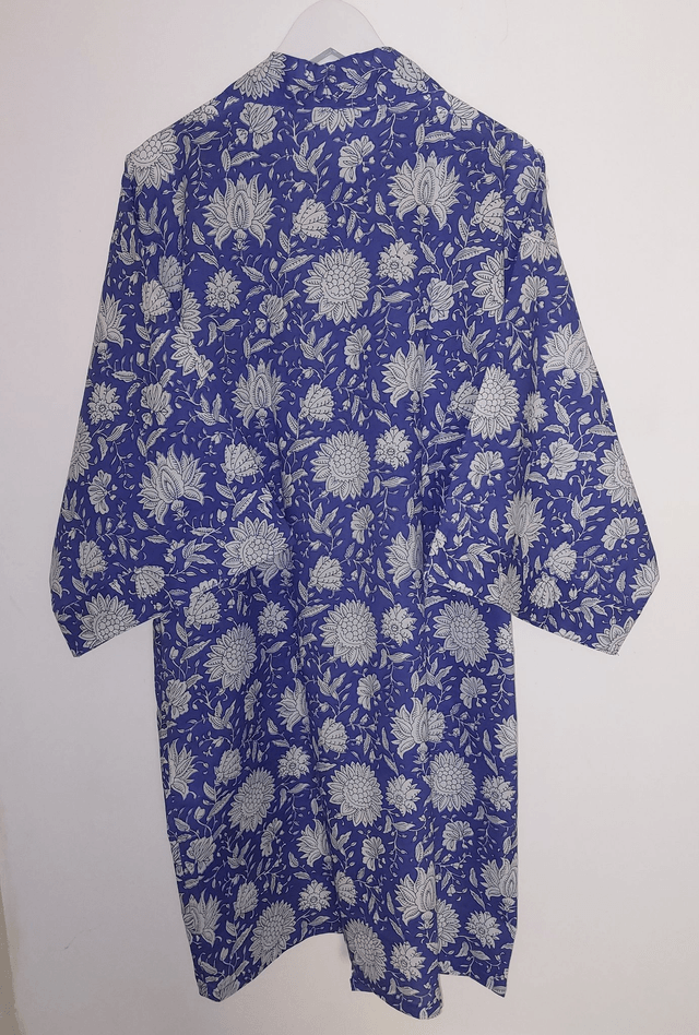 Robe kimono en coton, peignoir, robe de chambre, motif floral blanc et bleu, L.100cm  