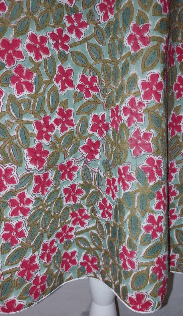 Jupe d'été mi-longue - Coton voile léger – Imprimé Block Print Artisanal – Motif floral rouge sur vert – Slow fashion femme 