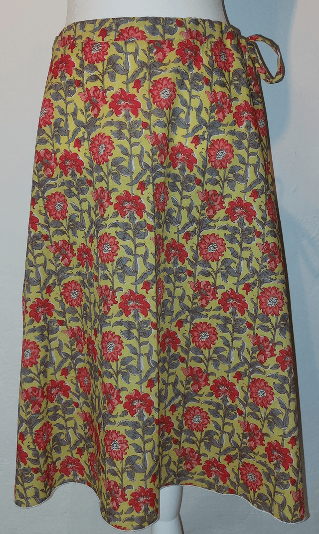 Jupe d'été mi-longue - Coton voile léger – Imprimé Block Print Artisanal – Motif floral orange sur jaune – Slow fashion femme 