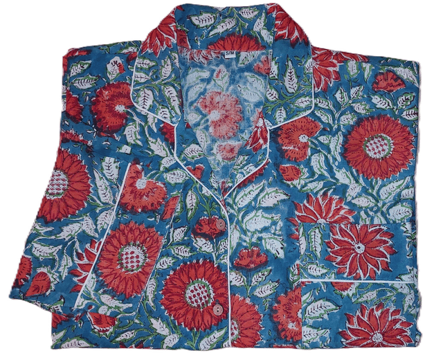 Pyjama femme en coton léger imprimé à la main – Ensemble boutonné deux pièces - orange et bleu canard