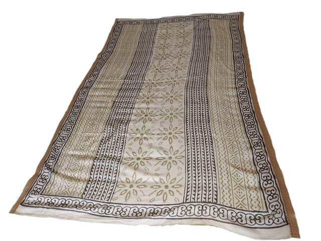 Paréo de plage en coton voile indien imprimé à la main – Motif beige, vert et noir avec bord doré – Étole & châle bohème 