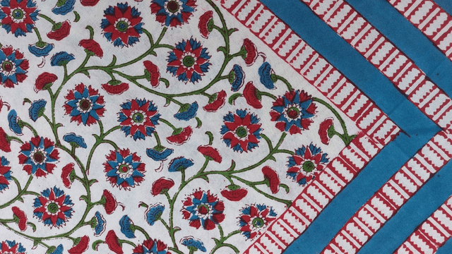 Nappe carrée 100cm imprimée à la main, coton, floral rouge, turquoise et vert