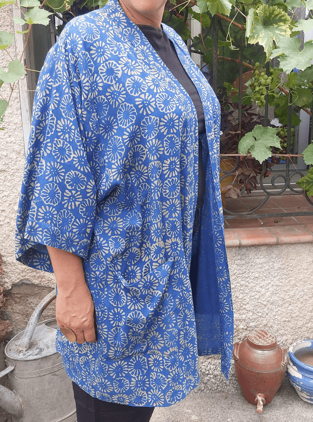 Gilet kimono bleu en coton, teinture naturelle, imprimé à la main, artisanale 