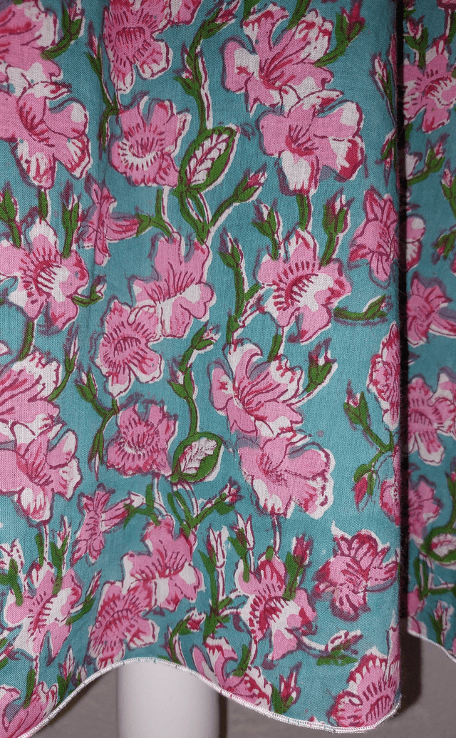 Jupe d'été mi-longue - Coton voile léger – Imprimé Block Print Artisanal – Motif floral rose sur bleu – Slow fashion femme
