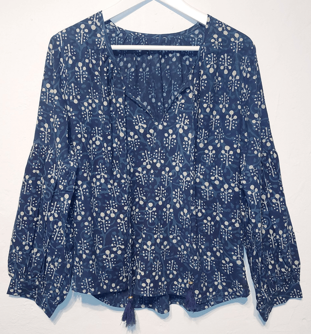 Top femme en coton - Manches bouffantes - Teinture naturelle indigo - Imprimé à la main
