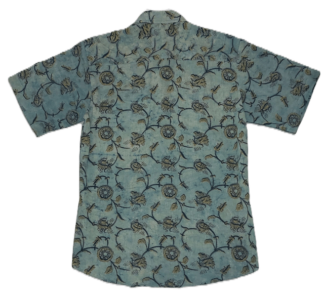Chemise d'été homme manches courtes, teintures naturelles vertes et jaunes, coton imprimé à la main