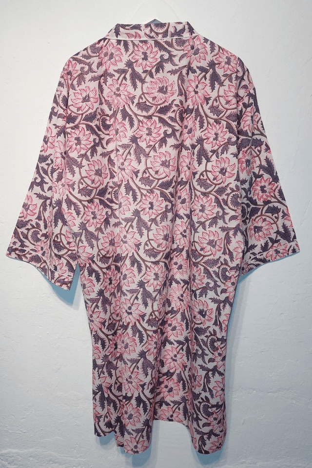 Robe kimono en coton, peignoir, robe de chambre, imprimé à la main, motif floral rose et gris, L.100cm