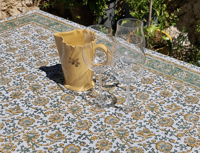Grande nappe rectangulaire imprimée à la main, coton, motif floral jaune et vert