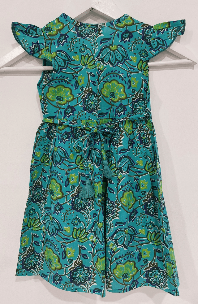 Robe portefeuille d'été - Fille 2-7 ans - Coton indien léger imprimé à la main - Pompons - Motif floral