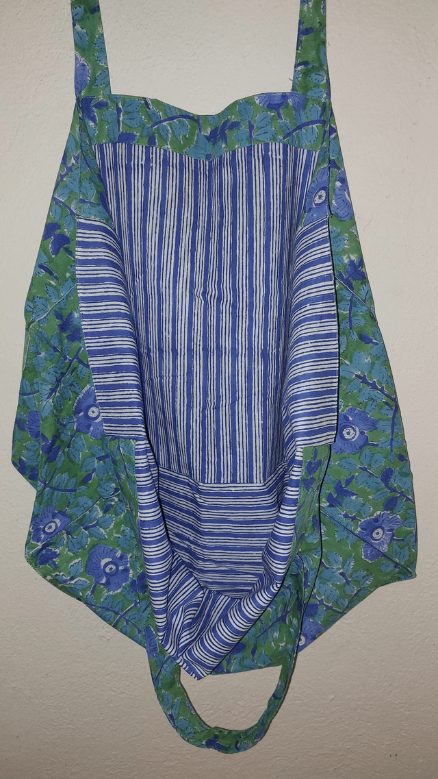 Grand sac cabas bleu et vert en coton imprimé à la main au blockprint, tote bag, confectionné en Inde