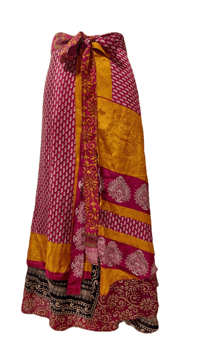 Robe/Jupe 3-en-1 réversible en sari recyclé – Robe polyvalente bohème plage, casual ou élégant - rouge, jaune, noir