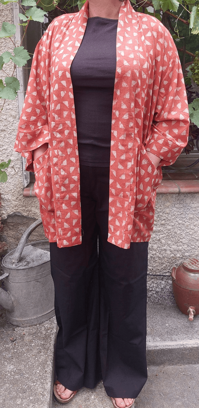 Gilet kimono orange en coton, teinture naturelle, imprimé à la main, artisanale 