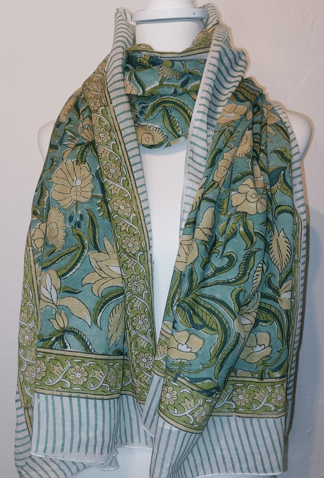 Paréo de plage en coton voile indien imprimé à la main – Motif floral beige et vert – Étole & châle bohème    