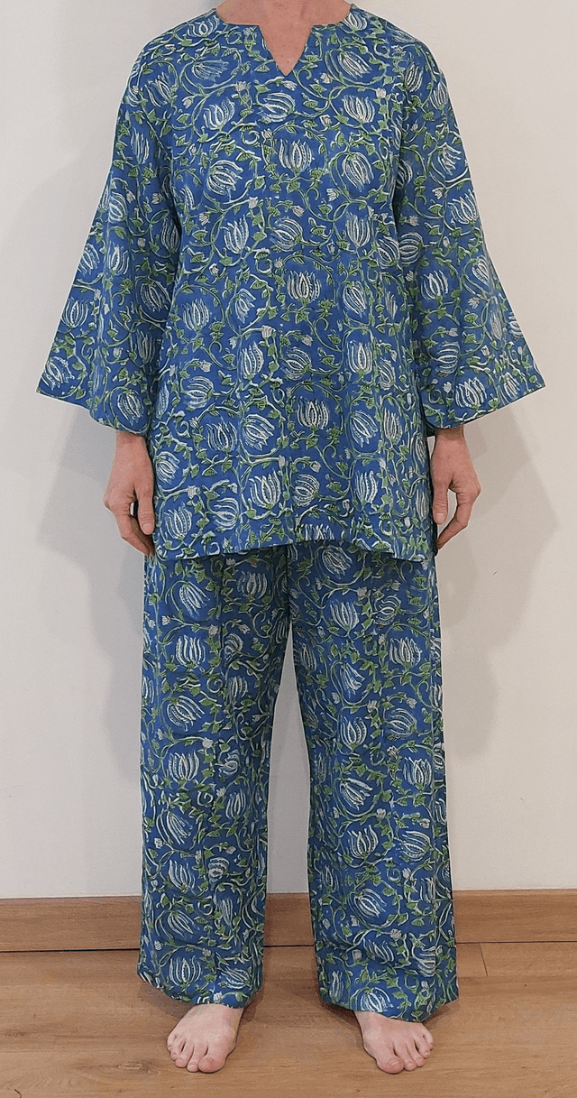 Pyjama  femme en coton léger – imprimé floral vert et bleu -  fait main – ensemble été confortable – cadeau artisanal