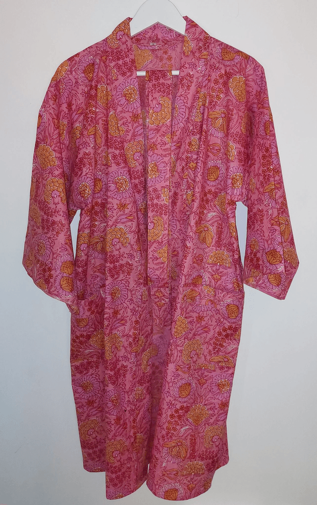Robe kimono en coton, peignoir, robe de chambre, imprimé à la main, motif floral rose et orange, L.100cm  