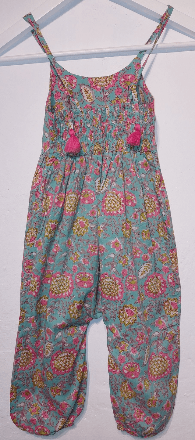 Salopette d'été à pompons - Fille 2-5 ans -  Coton indien léger imprimé à la main – Motif floral – Jaune ou bleu