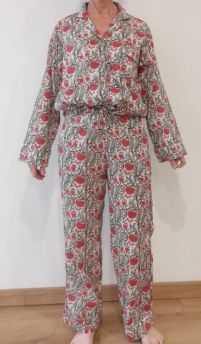 Pyjama femme en coton léger imprimé à la main – Ensemble boutonné deux pièces - rose et vert