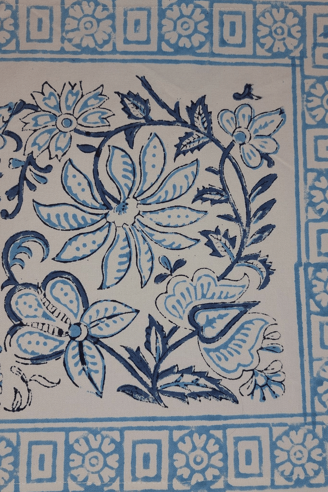 6 sets de table et serviettes, imprimés à la main, fleurs bleues, coton 