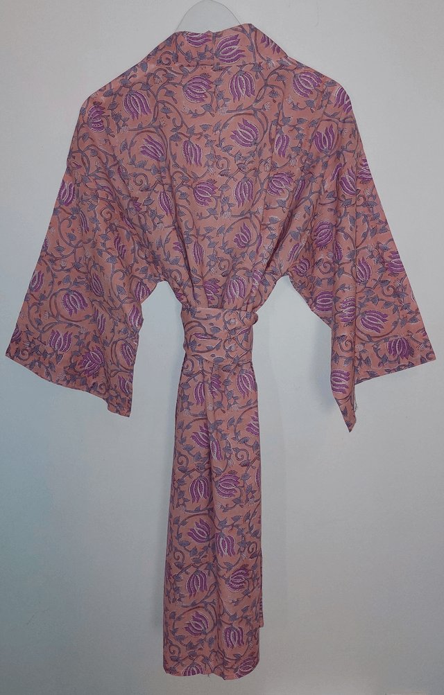 Robe kimono en coton, peignoir, robe de chambre, imprimé à la main, motif floral pourpre, rose orangé et gris, L.100cm 