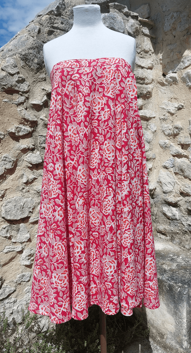 Robe/Jupe 3-en-1 d'été florale rouge en coton voile léger imprimé à la main – Robe polyvalente bohème plage, casual ou élégant