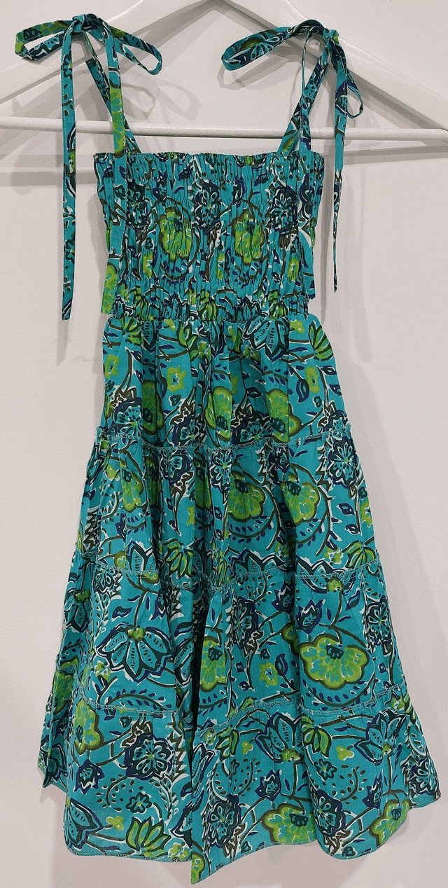 Robe d'été à smocks - Fille 2-5 ans - Coton indien léger imprimé à la main - Motif floral - Turquoise, bleu, vert