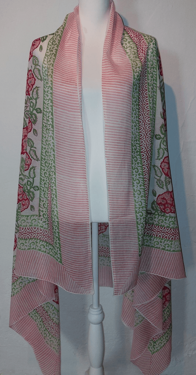 Paréo de plage en coton voile indien imprimé à la main – Motif floral rose, vert et blanc – Étole & châle bohème   