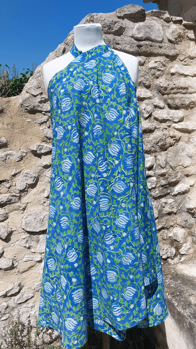 Robe/Jupe 3-en-1 d'été florale bleue en coton voile léger imprimé à la main – Robe polyvalente bohème plage, casual ou élégant 