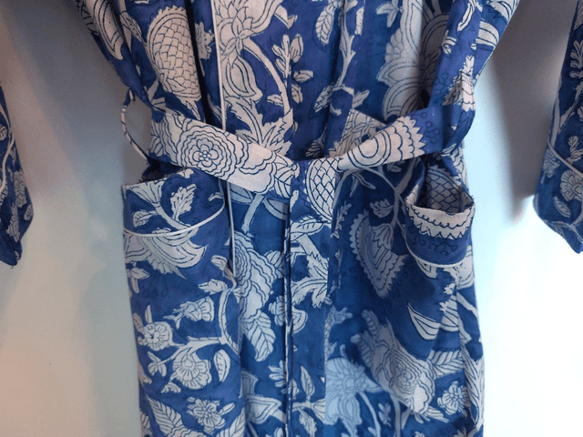 Robe kimono en coton, peignoir, robe de chambre, imprimé à la main, motif floral blanc et bleu, L.100cm  