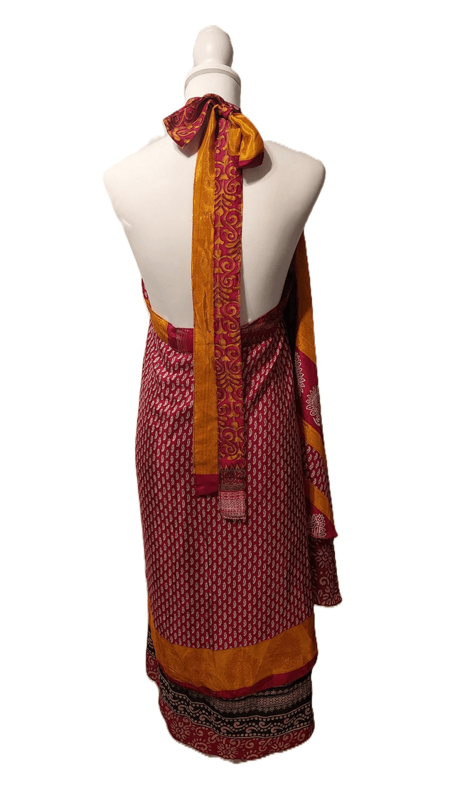 Robe/Jupe 3-en-1 réversible en sari recyclé – Robe polyvalente bohème plage, casual ou élégant - rouge, jaune, noir