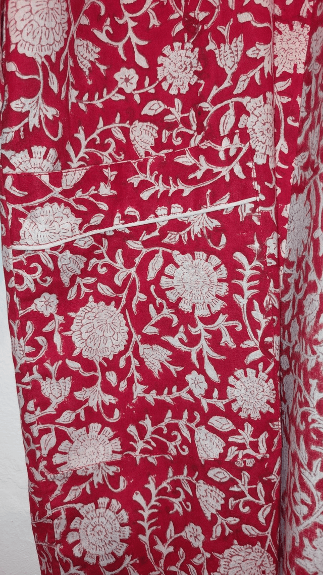 Robe kimono en coton imprimé à la main, peignoir, robe de chambre, motif floral rouge et blanc, L.100cm 