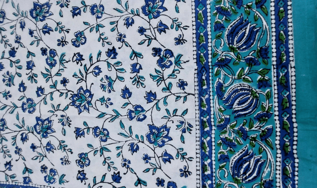 Grande nappe rectangulaire imprimée à la main, coton, motif floral bleu, vert et turquoise