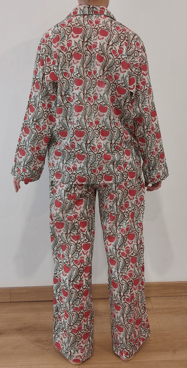 Pyjama femme en coton léger imprimé à la main – Ensemble boutonné deux pièces - rose et vert