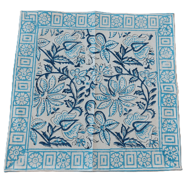 6 sets de table et serviettes, imprimés à la main, fleurs bleues, coton 