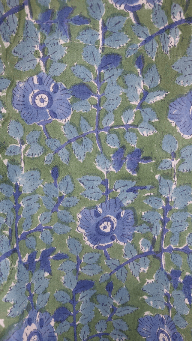 Grand sac cabas bleu et vert en coton imprimé à la main au blockprint, tote bag, confectionné en Inde