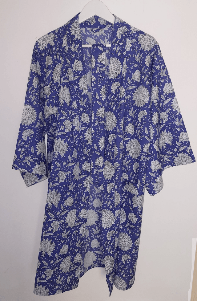 Robe kimono en coton, peignoir, robe de chambre, motif floral blanc et bleu, L.100cm  