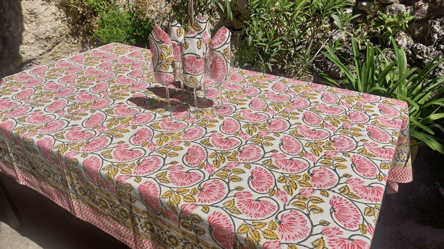 Grande nappe rectangulaire et 6 serviettes imprimées à la main, coton de grande qualité, motif floral rose, jaune et vert 