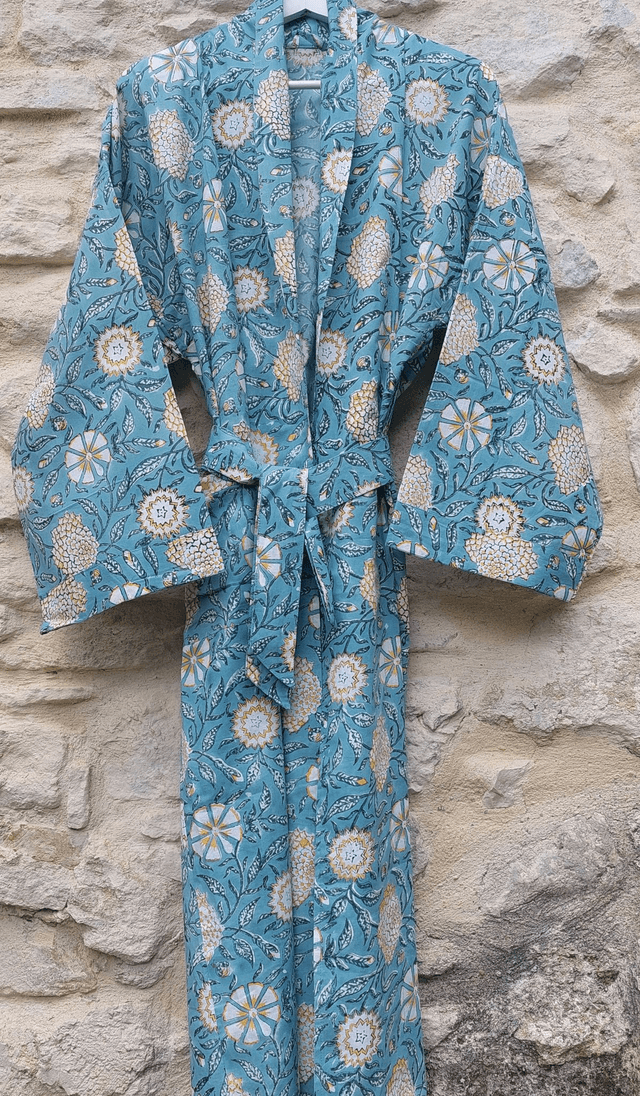 Peignoir kimono unisexe en coton naturel imprimé à la main, motif floral jaune, vert, blanc, robe de chambre L.130cm 