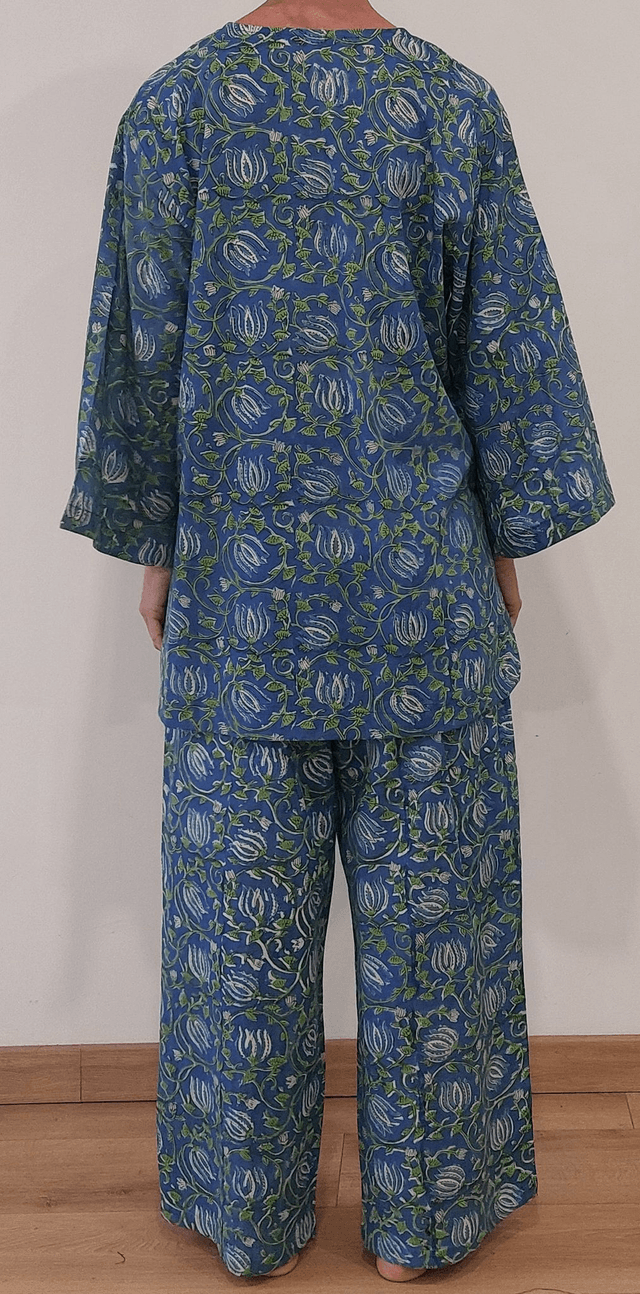Pyjama  femme en coton léger – imprimé floral vert et bleu -  fait main – ensemble été confortable – cadeau artisanal