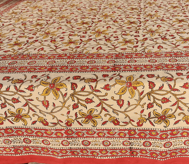 Grande nappe rectangulaire imprimée à la main, coton, motif floral jaune et marron