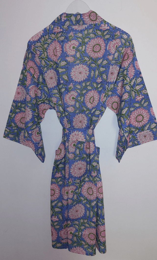 Robe kimono en coton, peignoir, robe de chambre, imprimé à la main, motif floral rose, bleu et vert, L.100cm 