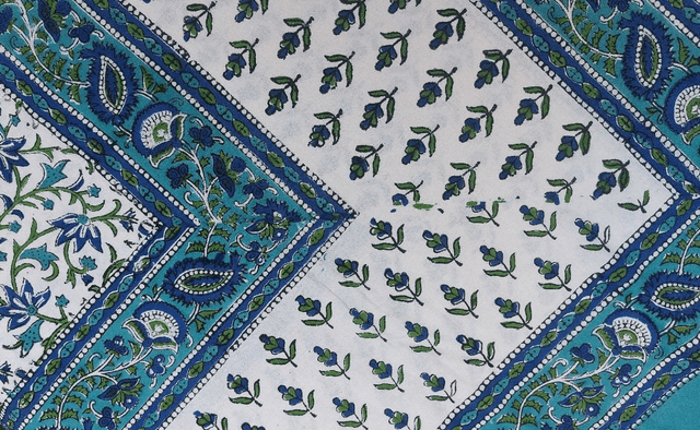 Nappe carrée 100cm imprimée à la main, coton, motif floral bleu, turquoise et vert