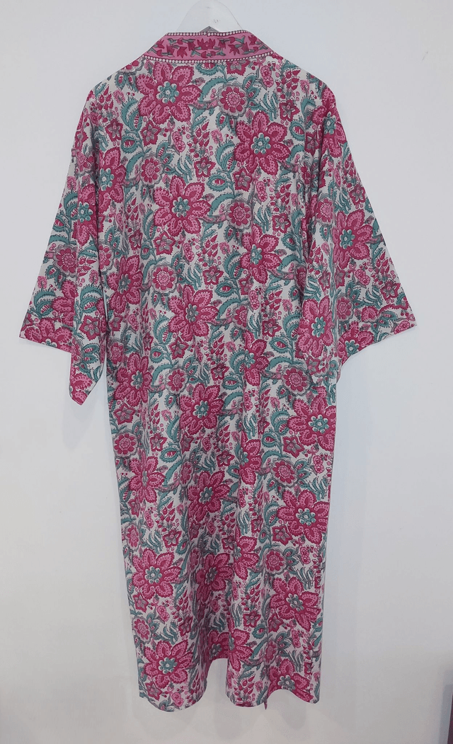 Robe kimono longue en coton, peignoir, robe de chambre, motif floral rose, vert, rouge, blanc, L.120cm ou 140cm