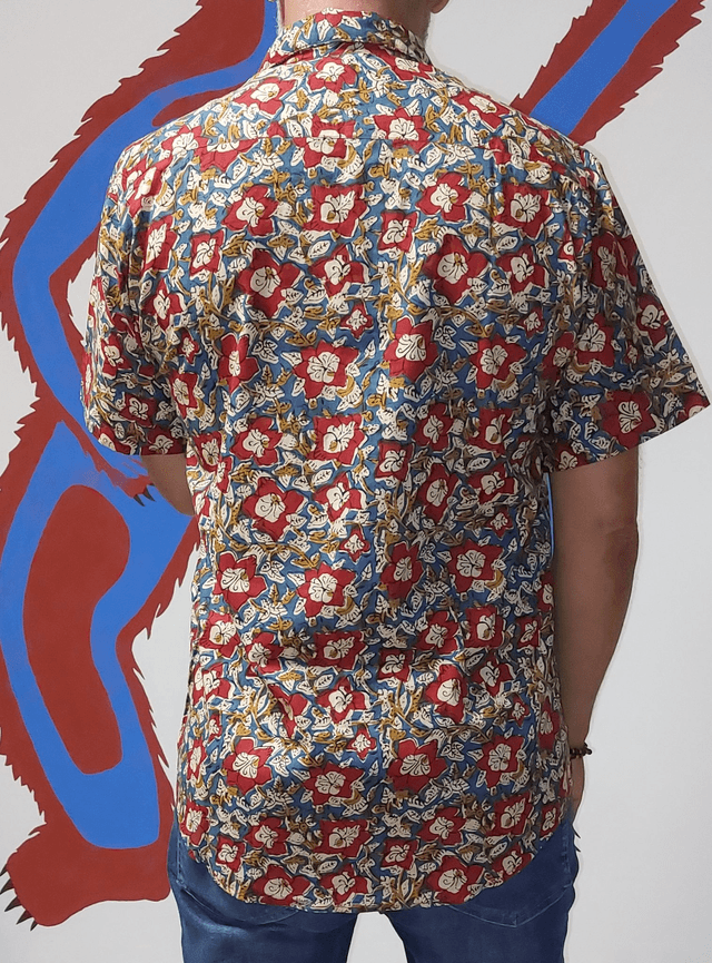Chemise d'été homme manches courtes, coton léger imprimé à la main, motif floral rouge, bleu, beige