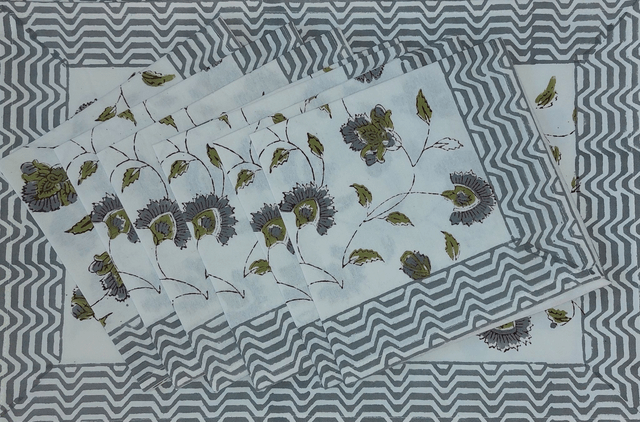 6 sets de table et serviettes, imprimés à la main, fleurs grises et vertes, coton  