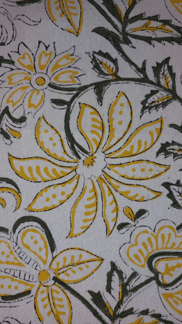 6 sets de table et serviettes, imprimés à la main, fleurs jaunes et vertes, coton
