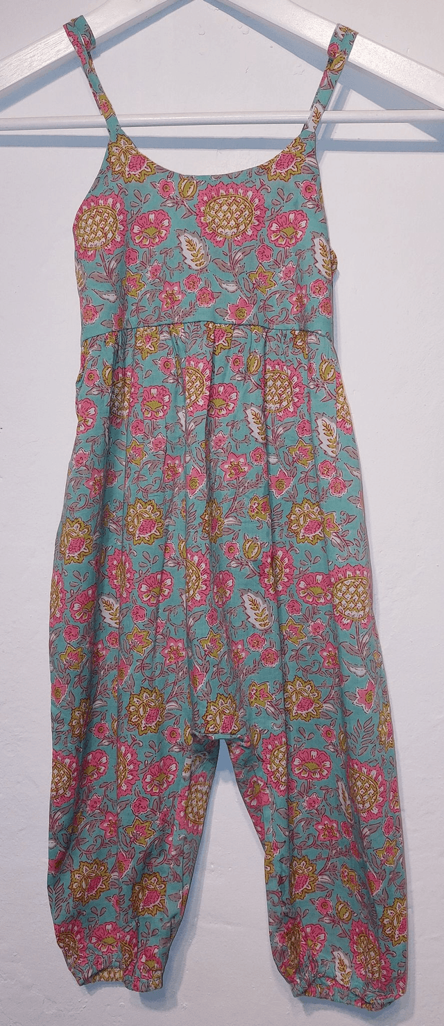 Salopette d'été à pompons - Fille 2-5 ans -  Coton indien léger imprimé à la main – Motif floral – Jaune ou bleu
