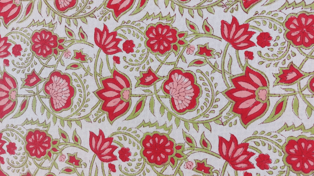 Grande nappe rectangulaire et 6 serviettes imprimées à la main, coton de grande qualité, motif floral rouge, rose et vert